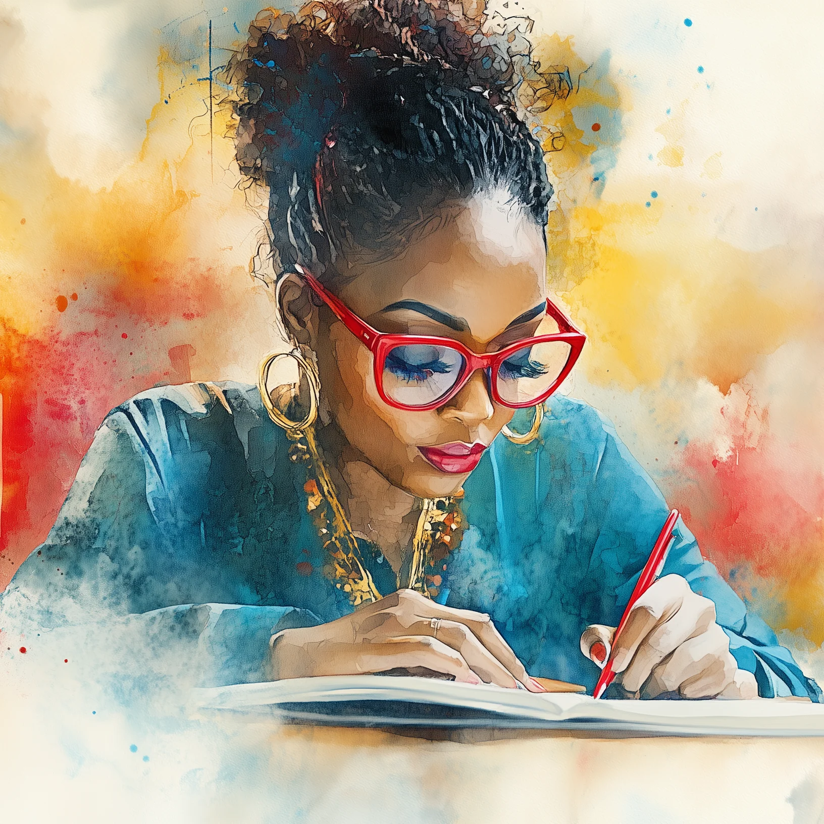 Watercolor of stylish black woman with red glasses journaling-clipped