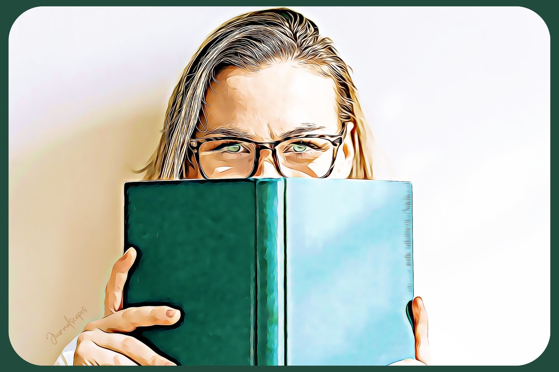 Woman with glasses looking over top of a journal